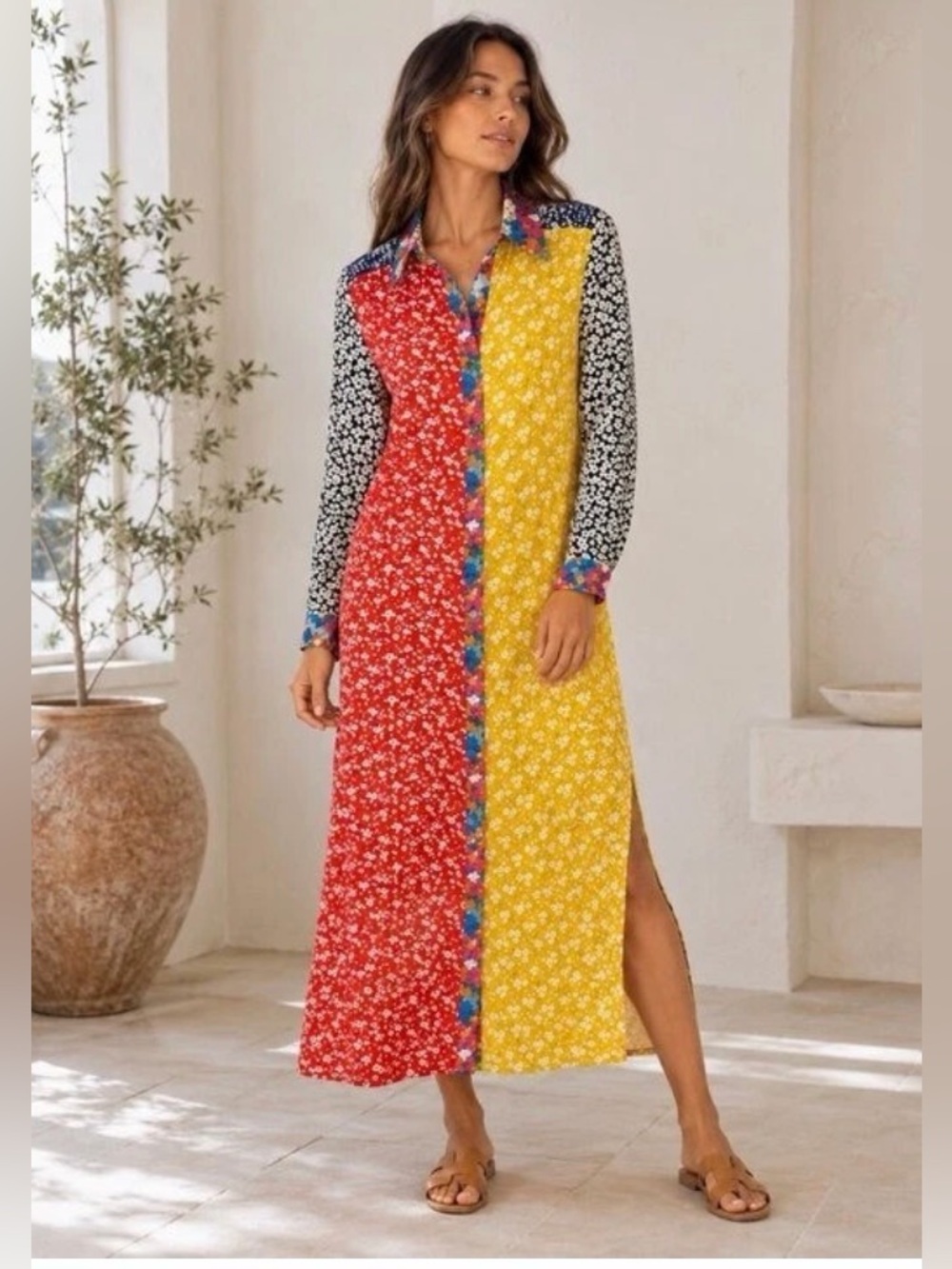 Natural Life Patchwork Style Midi Shirt Dress in Red & Yellow Size M Very GUC